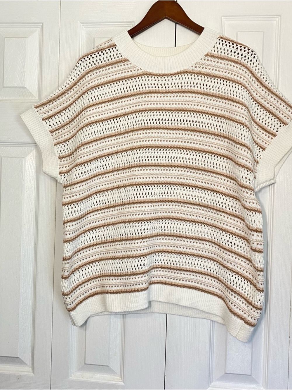 Varley Ciara Stripe Knit Top Sweater Neutral Cotton Blend XL
